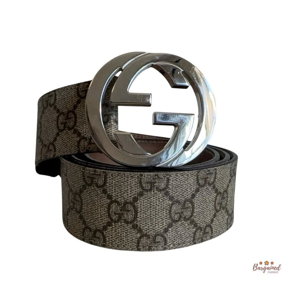 Auth Gucci Beige/Brown GG Monogram Silver Interlocking G Buckle Belt 95/38